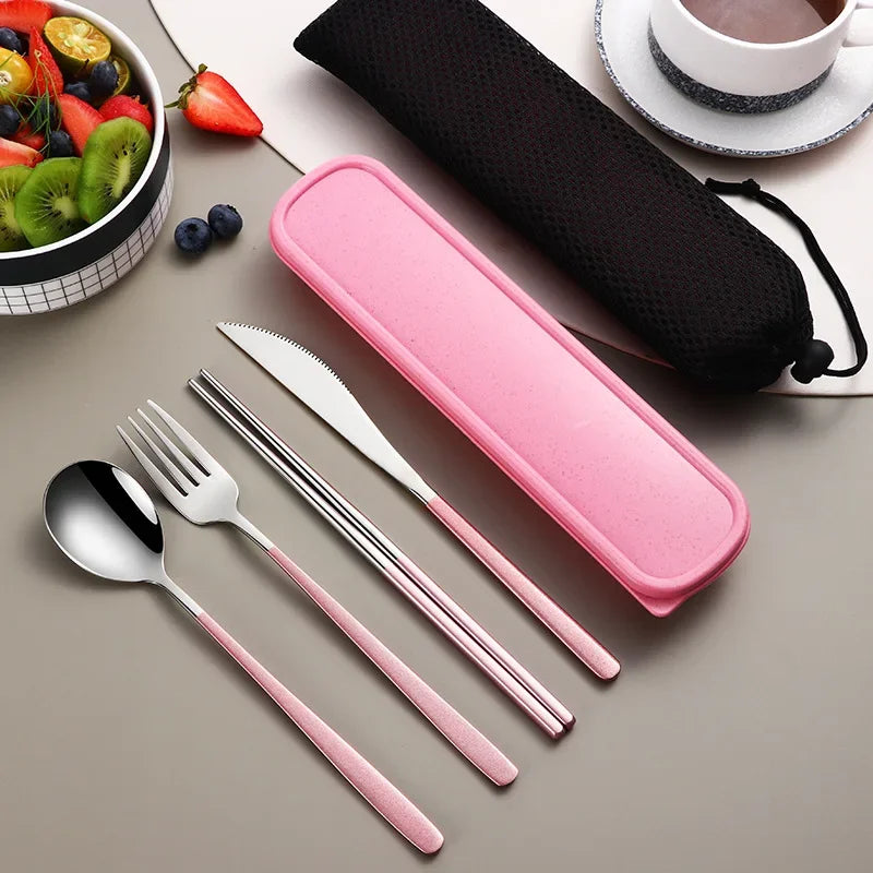 Stainless Steel Tableware Set Portable Cutlery Dinner Knife Fork Spoon Chopsticks Four-piece Suit with Box Travel Flatware Gift