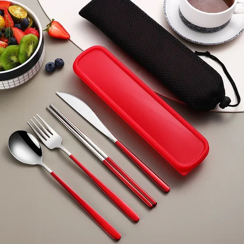 Stainless Steel Tableware Set Portable Cutlery Dinner Knife Fork Spoon Chopsticks Four-piece Suit with Box Travel Flatware Gift