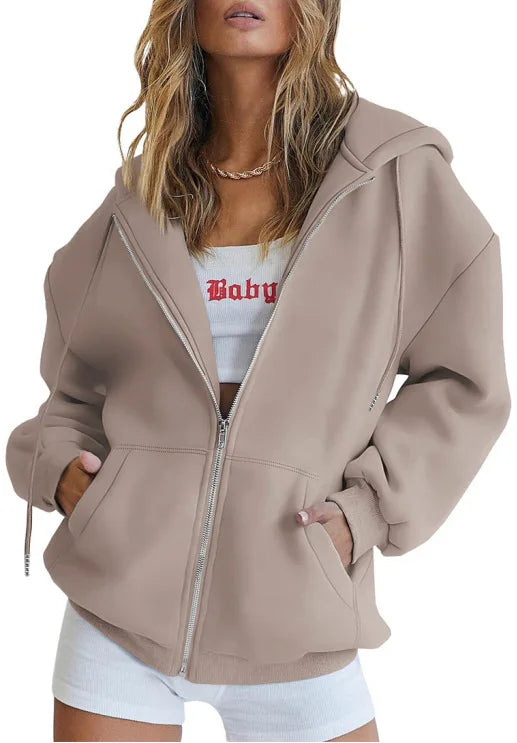 Autumn Winter Zipper Cardigan Hooded Sweatshirt Women Sporty Style Splice Double  Pocket Hoodie Female Casual Warm Top Sportswear