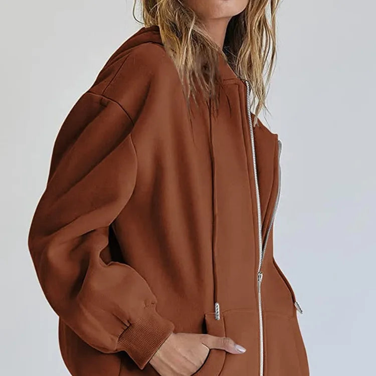 Autumn Winter Zipper Cardigan Hooded Sweatshirt Women Sporty Style Splice Double  Pocket Hoodie Female Casual Warm Top Sportswear