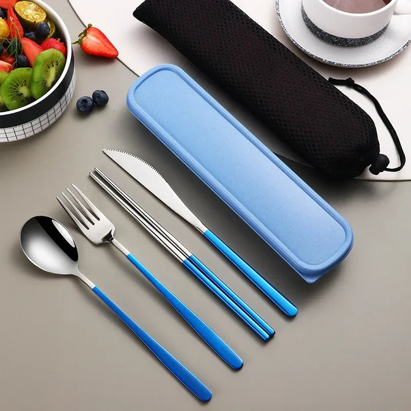 Stainless Steel Tableware Set Portable Cutlery Dinner Knife Fork Spoon Chopsticks Four-piece Suit with Box Travel Flatware Gift