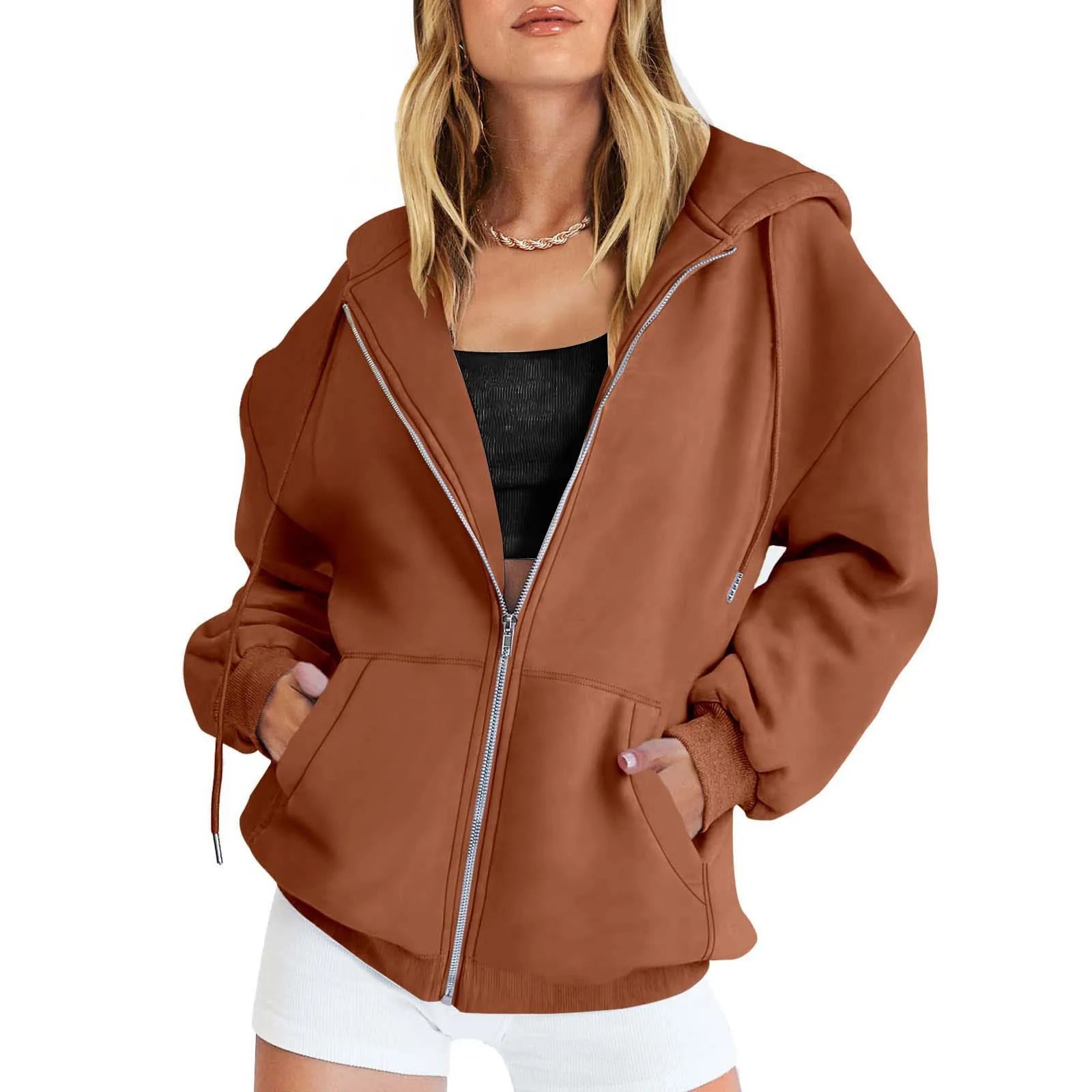 Autumn Winter Zipper Cardigan Hooded Sweatshirt Women Sporty Style Splice Double  Pocket Hoodie Female Casual Warm Top Sportswear