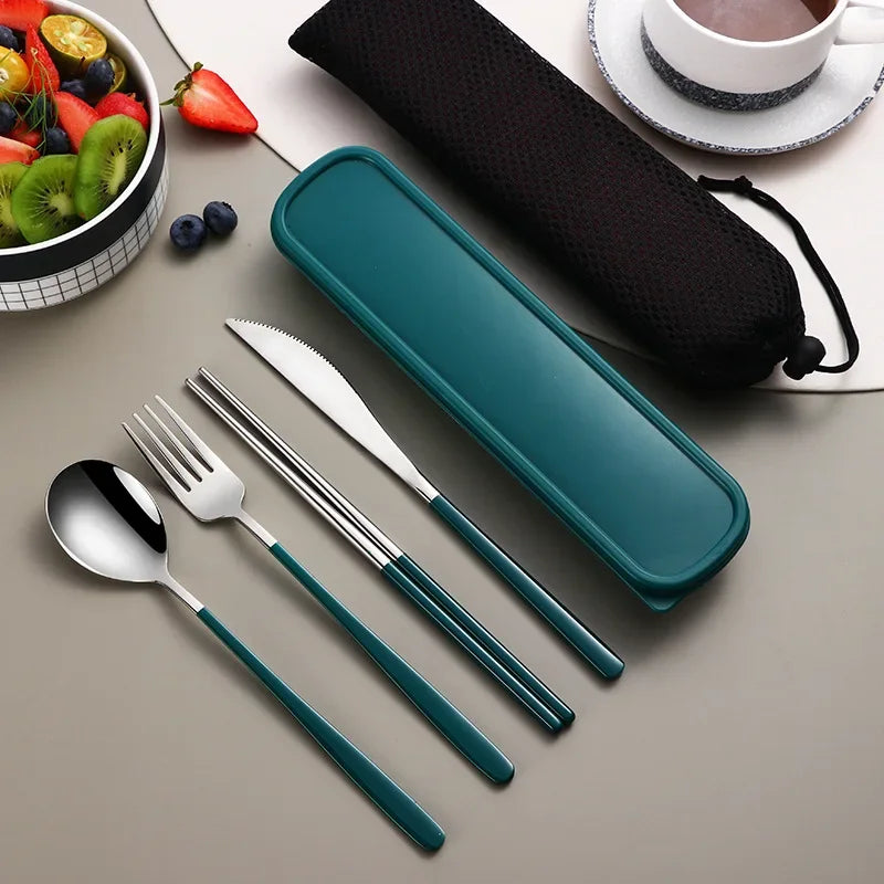 Stainless Steel Tableware Set Portable Cutlery Dinner Knife Fork Spoon Chopsticks Four-piece Suit with Box Travel Flatware Gift