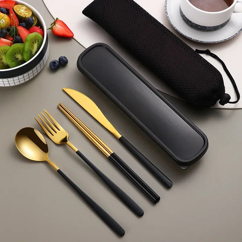 Stainless Steel Tableware Set Portable Cutlery Dinner Knife Fork Spoon Chopsticks Four-piece Suit with Box Travel Flatware Gift