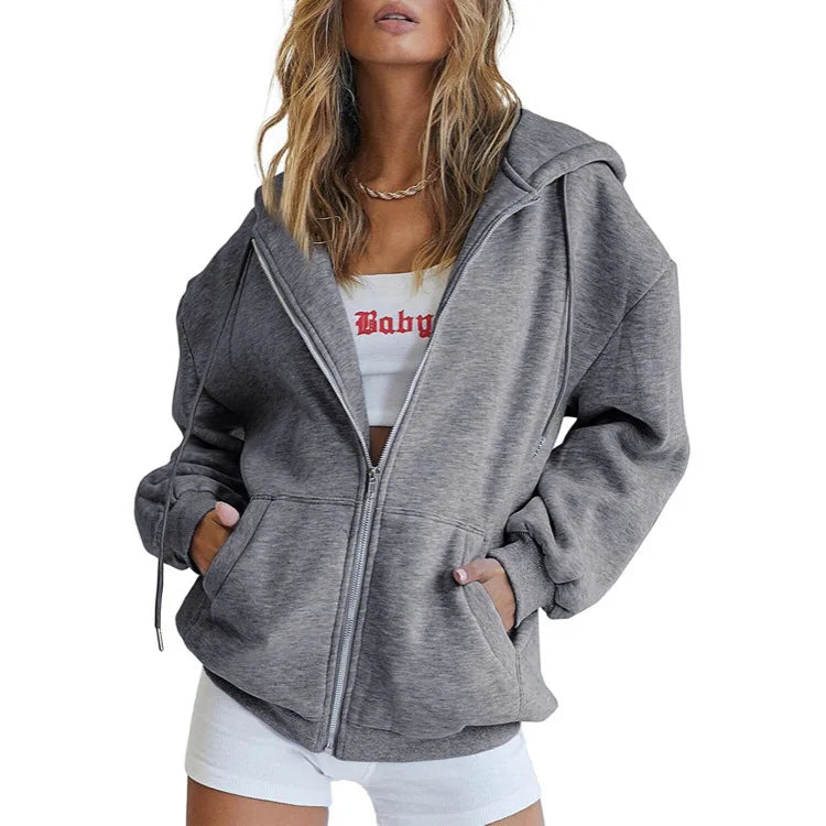 Autumn Winter Zipper Cardigan Hooded Sweatshirt Women Sporty Style Splice Double  Pocket Hoodie Female Casual Warm Top Sportswear