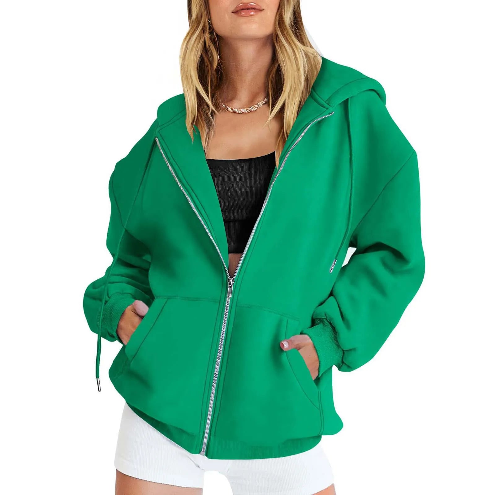 Autumn Winter Zipper Cardigan Hooded Sweatshirt Women Sporty Style Splice Double  Pocket Hoodie Female Casual Warm Top Sportswear