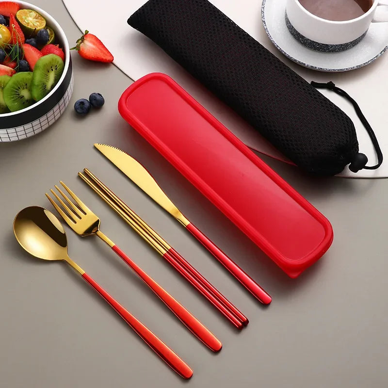 Stainless Steel Tableware Set Portable Cutlery Dinner Knife Fork Spoon Chopsticks Four-piece Suit with Box Travel Flatware Gift