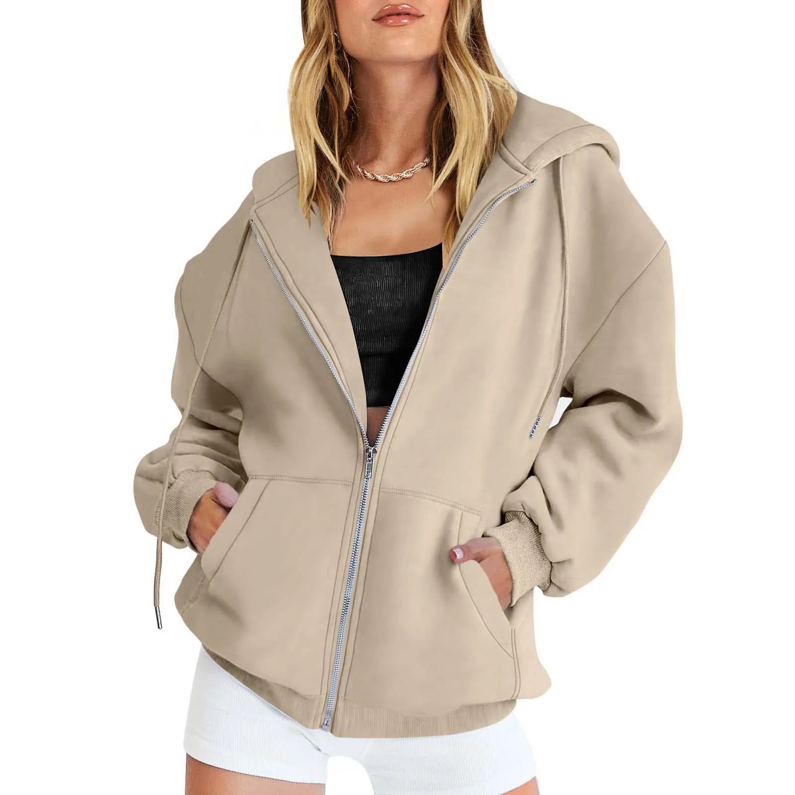 Autumn Winter Zipper Cardigan Hooded Sweatshirt Women Sporty Style Splice Double  Pocket Hoodie Female Casual Warm Top Sportswear