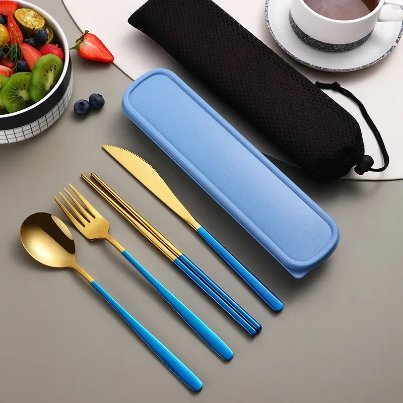 Stainless Steel Tableware Set Portable Cutlery Dinner Knife Fork Spoon Chopsticks Four-piece Suit with Box Travel Flatware Gift