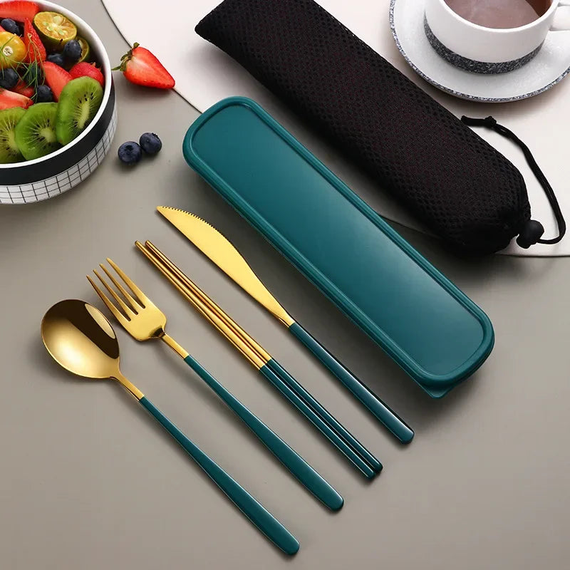Stainless Steel Tableware Set Portable Cutlery Dinner Knife Fork Spoon Chopsticks Four-piece Suit with Box Travel Flatware Gift