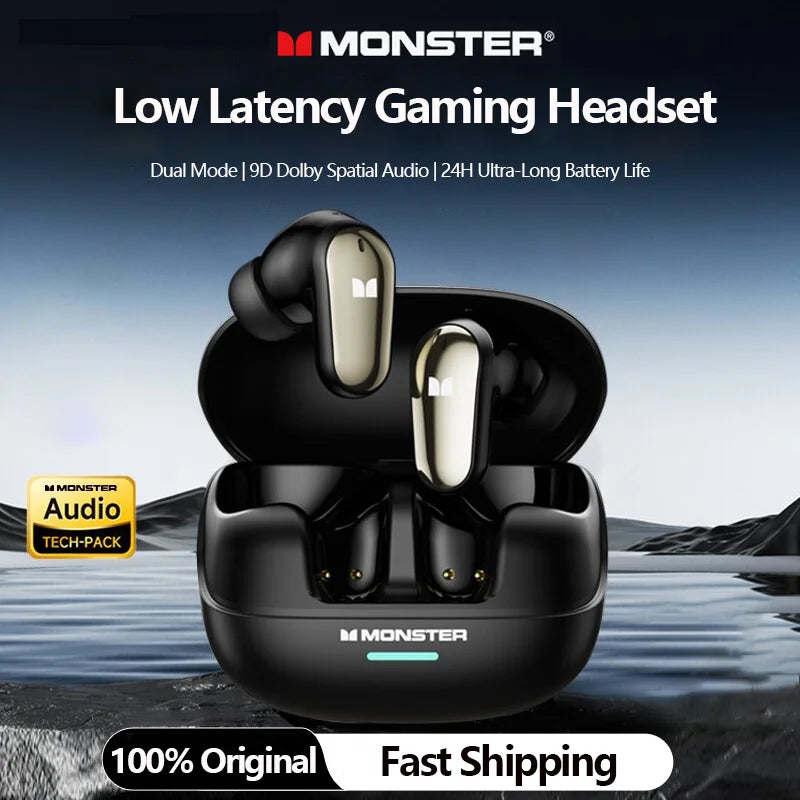 Monster MQT52 Bluetooth 5.4 Wireless Earphones 24H Long Battery Life Stereo Headphones Low Latency Gaming Dual Mode Headset GiftBluetooth 5.4 Wireless Earphones