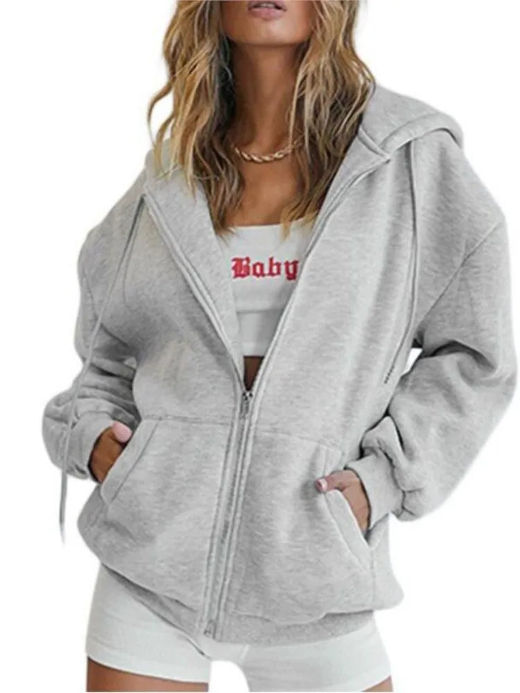 Autumn Winter Zipper Cardigan Hooded Sweatshirt Women Sporty Style Splice Double  Pocket Hoodie Female Casual Warm Top Sportswear