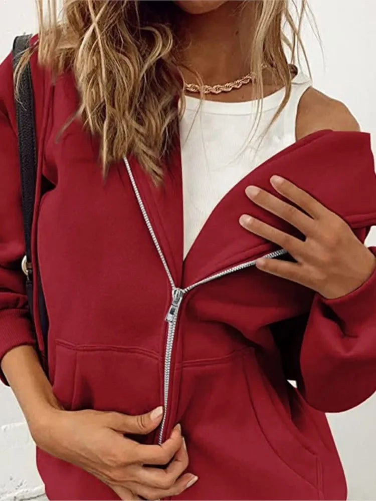 Autumn Winter Zipper Cardigan Hooded Sweatshirt Women Sporty Style Splice Double  Pocket Hoodie Female Casual Warm Top Sportswear