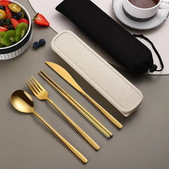 Stainless Steel Tableware Set Portable Cutlery Dinner Knife Fork Spoon Chopsticks Four-piece Suit with Box Travel Flatware Gift