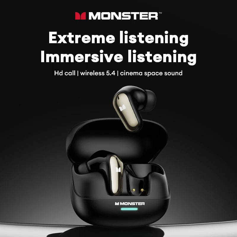 Monster MQT52 Bluetooth 5.4 Wireless Earphones 24H Long Battery Life Stereo Headphones Low Latency Gaming Dual Mode Headset GiftBluetooth 5.4 Wireless Earphones