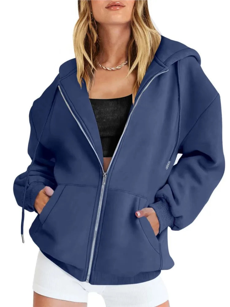 Autumn Winter Zipper Cardigan Hooded Sweatshirt Women Sporty Style Splice Double  Pocket Hoodie Female Casual Warm Top Sportswear