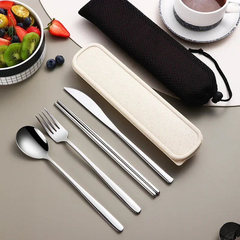 Stainless Steel Tableware Set Portable Cutlery Dinner Knife Fork Spoon Chopsticks Four-piece Suit with Box Travel Flatware Gift
