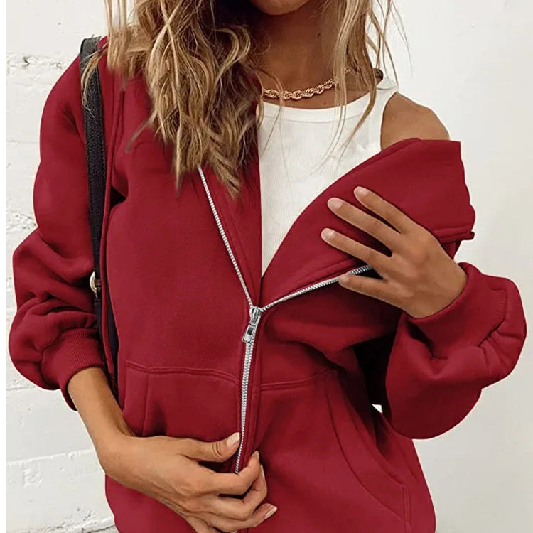 Autumn Winter Zipper Cardigan Hooded Sweatshirt Women Sporty Style Splice Double  Pocket Hoodie Female Casual Warm Top Sportswear