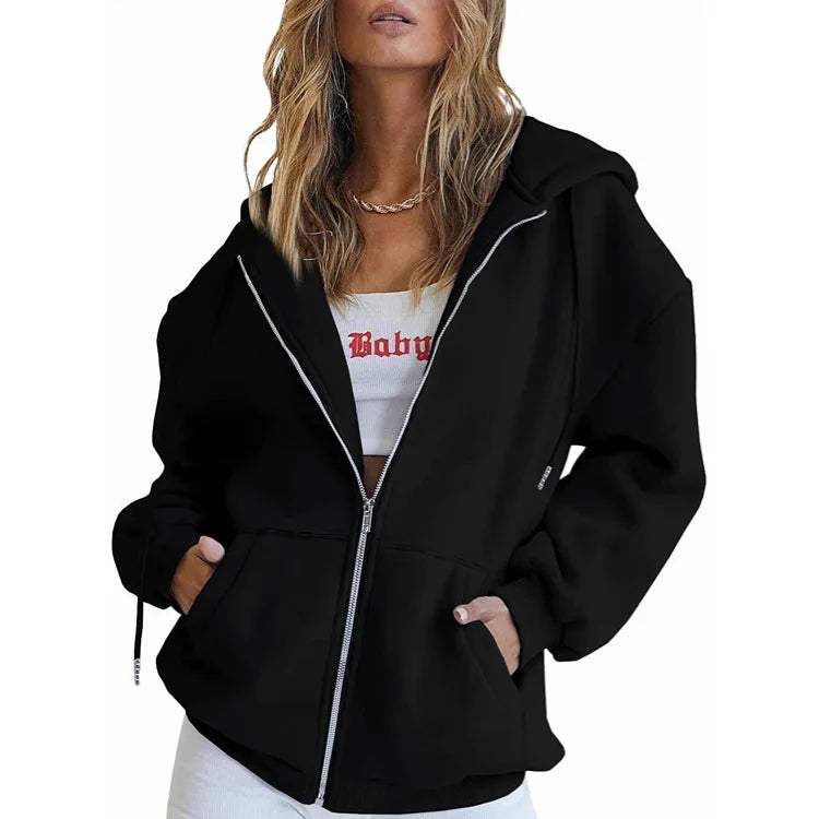 Autumn Winter Zipper Cardigan Hooded Sweatshirt Women Sporty Style Splice Double  Pocket Hoodie Female Casual Warm Top Sportswear