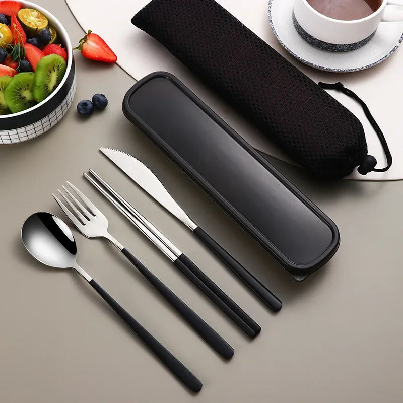 Stainless Steel Tableware Set Portable Cutlery Dinner Knife Fork Spoon Chopsticks Four-piece Suit with Box Travel Flatware Gift